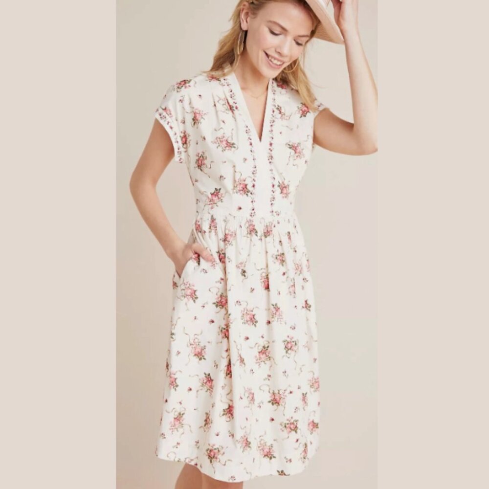 Gal Meets Glam Cecily Ivory Floral Cotton Fit & Flare Dress Size 4